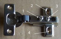 an image of kitchen cabinet door hinges with labeled parts labelled on the side