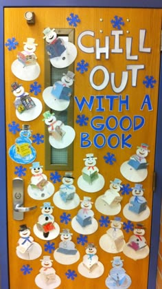 a vending machine with snowmen on it and words chill out with a good book