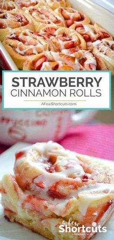 strawberry cinnamon rolls on a white plate with the title overlay reading, strawberry cinnamon rolls