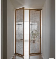 an open window with sheer curtains in the corner and a potted plant behind it