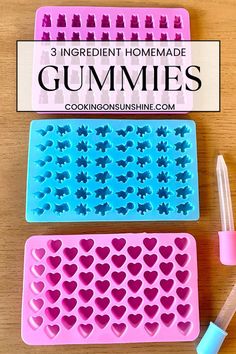 two ice cube trays with hearts on them and the words 3 ingredient homemade gummies