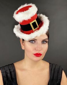 Sexy Santa top hat Novelty Costume Hat With Short Brim For Parties, Novelty Party Hats With Short Brim, Winter Party Hats With Short Brim, Novelty High Crown Costume Hats For Parties, Playful Hat For Party And Carnival, Whimsical Adjustable Costume Hats And Headpieces For Party, Adjustable Novelty Costume Hats And Headpieces For Party, Adjustable Novelty Costume Hats For Parties, Playful Party Hat For Carnival