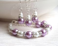 Lavender Pearl Bracelet, Bridesmaid Jewelry, Bracelet, Purple Flower Girl Jewelry, Bridal Party Jewe Flower Girl Jewelry Set, Bridesmaid Pearl Bracelet, Lavender Bridesmaid, Flower Girl Jewelry, Purple Set, Bridal Party Jewelry, Bracelets Design, Diy Tattoo, Necklace Purple