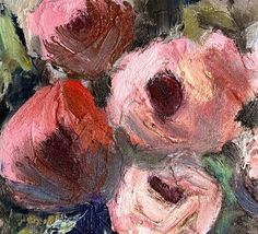 an oil painting of pink flowers in a vase