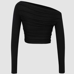 Basically Brand New Occasion: Casual Category: Tops Composition: 5% Spandex, 95% Cotton Fitted Mid Stretch Not Sheer Color: Black Trendy Asymmetrical Ruched Top, Black One-shoulder Elastane Tops, Asymmetrical Fitted Crop Top, Black Stretch Asymmetrical Crop Top, Black Asymmetrical Stretch Crop Top, Black Top With Asymmetrical Neckline In Elastane, Asymmetrical Fitted Crop Top For Evening, Black Ruched Top With Asymmetrical Neckline, Versatile Black Ruched Tops