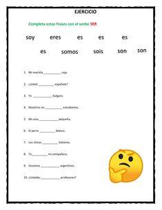 a spanish worksheet with an emoticion in the middle and two words below it