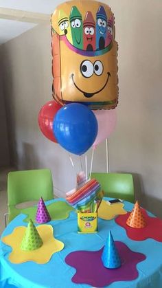 a birthday party with balloons, hats and decorations on a round table in the middle of a room