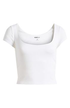 Love to layer in this stretchy close-fitting top designed in a modern cropped fit. 17 1/2" length (size Medium) Scoop neck Short sleeves 90% polyester, 10% spandex Machine wash, tumble dry Imported Summer Scoop Neck Elastane Crop Top, Casual Fitted Elastane Crop Top, Fitted Casual Elastane Crop Top, Fitted Elastane Casual Crop Top, White Cropped Tops With Seamless Construction, Elastane Stretch Crop Top With Scoop Neck, Stretch Elastane Crop Top With Scoop Neck, Stretch Elastane Scoop Neck Crop Top, Elastane Scoop Neck Crop Top