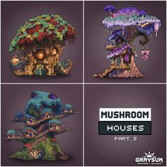 four different images of mushroom houses made out of lego blocks, with the text mushroom houses part 2