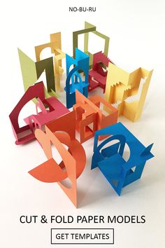 10 colourful architectural folded paper models Paper Folding Architectural Models, Paper Objects Design, Kirigami Templates Printables, Paper Crafts No Glue, 3d Art Ideas, Origamic Architecture, Kirigami Templates, Diy Paper Art, Paper Folding Art