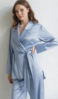 These long silk pajamas are a great getting ready option for bridal party members. The set features a tie which cinches at the waist. Sleepwear Women Pajamas, Satin Suit, Layered Long Sleeve, Silk Pajama Set, Church Outfits, Suit Fabric, Silk Pajamas, Elegant Shirt, Pajama Set Women