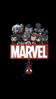 the avengers movie poster with many cartoon characters in red and white lettering on black background