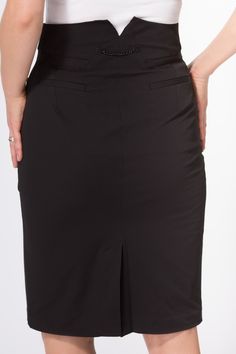 With subtle & tasteful details this is more than just your basic pencil skirt. DETAILSStyle: W2001172BLA Fabric: 45% Cotton, 47% Nylon, 8% Spandex Care: Dry clean Features: Zip with slip button closure, 2 faux front pockets, 2 faux back pockets, Back split, Chain detail at back PLEASE NOTE: These jeans run small. Please carefully review the measurements provided, to determine your perfect fit. MEASUREMENTS Size Waist Length 24 23" 22.5" 25 24" 23" 26 25" 23" 27 26" 23.5" 28 27" 24" 29 28" 24" 30 Elegant Office Mini Skirt With Button Closure, Elegant Mini Skirt With Button Closure For Office, High Waist Solid Pencil Skirt With Pockets, Fitted Solid Skirt With Pockets, Formal High-waist Fitted Pencil Skirt, Elegant Solid Mini Skirt With Pockets, Formal Fitted Mini Skirt With Button Closure, Formal Fitted Skirt With Button Closure, Elegant Formal Mini Skirt With Pockets