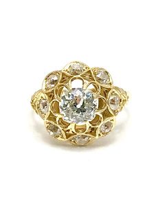 For Sale on 1stdibs - A beautiful 1.29 carat old Mine Cut Diamond engagement/fashion ring set in 18 karat yellow gold. The ring is designed with the center Diamond set in eight Victorian Cluster Diamond Ring In Yellow Gold, Antique Diamond Cut 14k Gold Rings, Victorian Yellow Gold Diamond Cut Ring, Victorian Yellow Gold Diamond Cluster Ring, Victorian Multi-stone Yellow Gold Diamond Ring, Fashion Ring Set, Gold Engagement, Engagement Style, Diamond Engagement