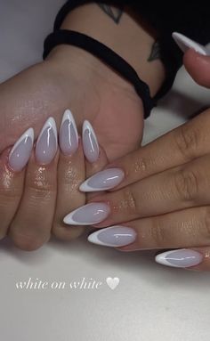 Almond French White Nails, Milk White Nails With French Tip, White On White Almond Nails, Almond Nail Inspo Trendy, White On White French Tip Nails Almond, French Nail Inspo Almond, Monochrome French Nails, Short Baddie Almond Nails, Boujee Almond Nails