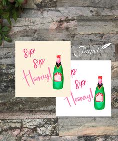 two greeting cards with pink and green wine bottles