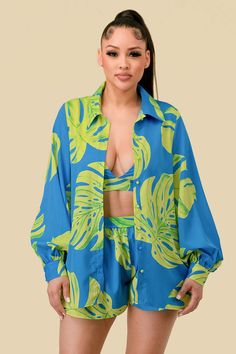 Vacay me now in our Summer Tropic Palm 3 piece short set. Long billow sleeved bloused with matching bralet and shorts. "Summer Tropic Palm 3PC Short Set” Chiffon long maxi length button up shirt Elastic waist Long sleeve Extended cuff Polyester Imported Cheap Tropical Print Beachwear Tops, Summer Tropical Print Blouse, Affordable Blue Tropical Bottoms, Luxury Summer Tops For Beach, Affordable Color Block Summer Sets, Two Piece Pant Set Beach, Luxury Striped Sets For Spring, Luxury Summer Beach Shirt, Luxury Tropical Swimwear For Beach Season