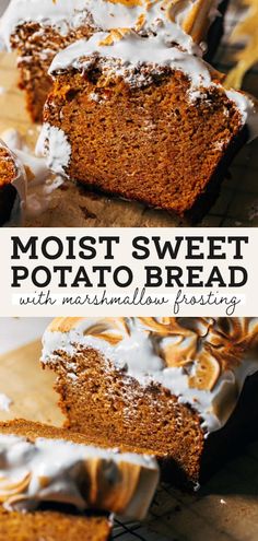 a loaf of moist sweet potato bread with marshmallow frosting is cut into slices