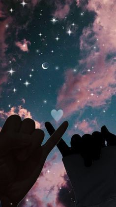 two hands reaching up to the sky with stars and clouds in the background, as if they were touching each other's fingers