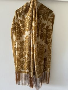 40% silk 60% viscose. 50x180 + 18 cm fringes. Large mustard gold brown scarf stole evening look Elegant Fringed Shawl Scarf, Elegant Fringe Shawl Scarf, Gold Shawl For Formal Festive Occasions, Gold Shawl For Festive Evening, Gold Shawl For Festive Evening Events, Gold Shawl For Evening And Festive Occasions, Festive Gold Shawl For Evening, Formal Festive Gold Shawl, Festive Evening Gold Shawl