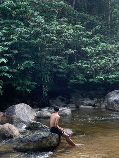 a man sitting on rocks in the middle of a river surrounded by trees and bushes