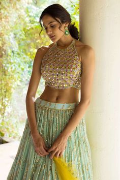 Mirrorwork Lehenga, Lehenga With Mirror Work, Mint Green Lehenga, Yellow Dupatta, Mirror Work Blouse, Work Lehenga