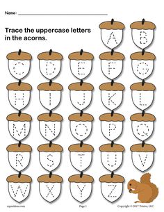 trace the uppercase letters in the acorns worksheet for kids to practice letter recognition