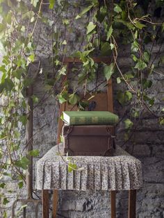 an old chair sitting on top of a table next to a wall with ivy growing over it