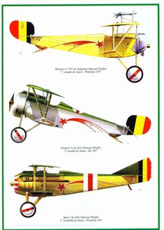 three different types of airplanes are shown in this image, one is yellow and the other is red