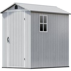 a white shed with the door open and windows on it's side, in front of a white background