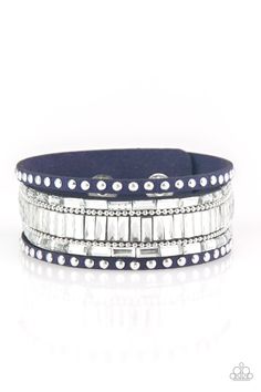 Shiny silver studs, dainty silver ball chains, and edgy white emerald-cut rhinestones race along a spliced blue suede band for a rock star look. Features an adjustable snap closure. Sold as one individual bracelet. Nickel Free Jewelry, Snap Bracelets, Gamma Phi, Wrap Bracelets, Paparazzi Accessories, White Rhinestone, Inspired Jewelry, Rhinestone Bracelet, Paparazzi Jewelry