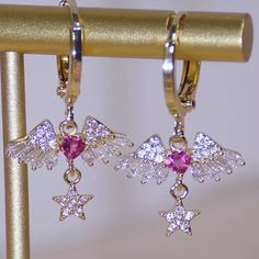 Dainty Angel Wing Drop Earrings. 14k Gold Plated Simulated Diamonds Approx. Drop - 1/2” L-D7-A (6) Pink Gold Jewelry For Valentine's Day, Fine Jewelry Pink Hoop Earrings As Gift, Pink Gold Huggie Jewelry Gift, Pink Fine Jewelry Hoop Earrings As Gift, 14k Gold Filled Earrings For Anniversary On Valentine's Day, Princess Cut Stud Earrings, Champagne Earrings, Angel Wings Jewelry, Clear Crystal Earrings