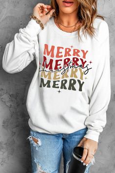 This PCB sweatshirt features a round neckline, colorful Merry Christmas along the front, long sleeves with fitted cuffs, a banded hemline, and ribbed trim throughout. Lightweight material that is non-sheer. Model is wearing the small and these fit true to size. We suggest looking at measurements to get the best size for you. No returns or exchanges!    Measurements (approximate):  Small: Bust 38", Length 25.5"  Medium: Bust 40", Length 26"  Large: Bust 42", Length 26.5"  XL: Bust 44", Length 27' Merry Christmas Letter, Lisa Fischer, Teaching Outfits, Baby Leopard, Christmas Letter, Curve Fashion, 2024 Christmas, Picture Style, Christmas Style