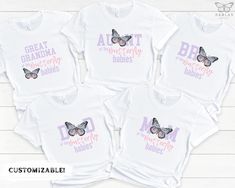 Looking for unique Baby Shower ideas? Well, matching family baby shower shirts are the perfect way to celebrate your exciting baby shower. These shirts will be a hit at your baby shower and we can customize to fit your needs.   Our designs are printed on high-quality gender-neutral shirts made of soft cotton. They are super soft, cozy, durable and come in unisex sizes.  *Need a specific size or COLOR? Send us a message & we will do our best to make it happen for you Please Note: Rolled sleeves i Baby Shower Shirts For Family Design, Baby Shower T Shirts, Butterfly Gender Reveal, Neutral Shirts, Lilac Butterfly, Baby Grandma, Butterfly Baby Shower Theme, Baby Shower Shirts, Neutral Shirt