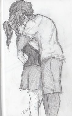 a pencil drawing of two people hugging each other with their arms around each other,