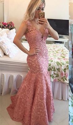 Mermaid Prom Dresses Lace, V Neck Prom Dresses, Prom Dresses 2019, Pink Prom Dress, Lace Prom Dress, Mermaid Evening Dresses, Prom Dresses Lace, Evening Party Dress, Junior Dresses