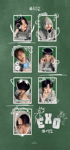 the korean movie poster for exo is shown on a chalkboard with four different photos