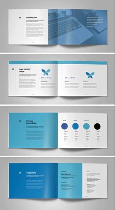 an image of a blue and white brochure with two pages on each side