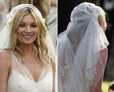 two pictures of the same woman in wedding dress and one with veil on her head