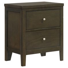 a dark brown wooden nightstand with two drawers