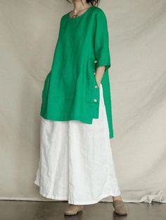 Casual Linen Split-side Long Tops - rrdeye Stylish Long Tops For Women, Mode Kimono, Pakistani Fancy Dresses, Cotton Kurti Designs, Mode Abaya, Styl Boho, Linen Style, Kurti Designs, Stylish Dresses