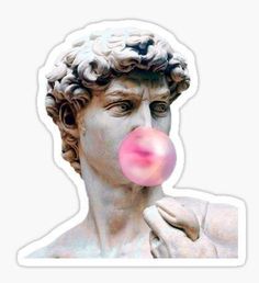 a close up of a person blowing a bubble on a sticker with a white background