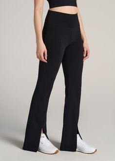 About Our High Rise Split Flare Cotton Leggings for Tall Women Lounge about and look good while you do in these high waisted leggings for tall women. Combining the comfort of cotton with the shape of spandex, this pair is fitted through the hips and legs, ending in a retro-inspired flare. They're detailed with center seams and modern front slit hems to flatter your height without cutting it short. Designed exclusively for women from 5'9” to 6'6”, these ladies' tall leggings have an inseam that's Tall Leggings, Women In Black, Chino Jeans, Cotton Leggings, Flare Leggings, Tall Women, Wide Waistband, High Waisted Leggings, Retro Inspired