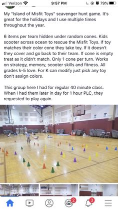 an instagramted photo shows the inside of a gym with several small cones on the floor