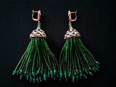 "Lovely Antique Bronze Finish Metal With Emerald Green Glass Seed Beads & Clear Crystal Rhinestone Accents Drop Dangle Tassel Leverback Earrings Bohemian Boho Style Fashion Jewelry Measure approximately 4 inches drop by 7/8 inch at the widest point. They are in excellent MINT condition with NO signs of wear, These stunning earrings are clean and ready to wear! For more beautiful and fabulous of vintage jewelry accessories please see our \"Vintage Jewelry\" Shop Section: http://www.etsy.com/shop/ Elegant Green Earrings With Beaded Fringe, Elegant Green Beaded Fringe Tassel Earrings, Elegant Green Beaded Earrings With Tassels, Elegant Green Tassel Earrings With Fringe, Elegant Green Tassel Earrings With Round Beads, Elegant Green Beaded Tassel Earrings, Elegant Green Jewelry With Tassels, Elegant Green Tassel Jewelry, Elegant Handmade Green Tassel Earrings