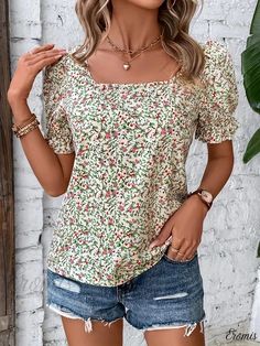 Eromis - Stylish Floral Print Square Neck Blouse - Trendy Short Sleeve Casual Top for Spring & Summer - Womens Fashion Apparel Feminine Square Neck Tops For Beach, Casual Square Neck Blouse For Vacation, Floral Print Square Neck Top For Vacation, Floral Print Square Neck Top For Beach, Square Neck Tops For Beach In Spring, Floral Print Vacation Tops With Square Neck, Vacation Tops With Floral Print And Square Neck, Vacation Floral Print Top With Square Neck, Casual Square Neck Vacation Tops