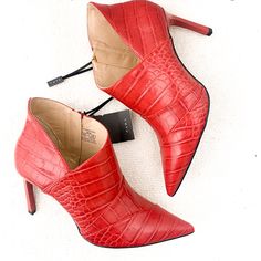 New With Tags, Size 6,5 Us. 3” Heel Red Pointed Toe Heels For Fall, Red Pointed Toe Heeled Boots, Red Ankle Strap Heels For Fall, Elegant Red Heeled Boots For Spring, Red Pointed Toe Heeled Boots For Spring, Winter Red Pointed Toe Heels, Red Ankle-high Boots With 4-inch Heel, Red Heeled Boots With Reinforced Heel For Spring, Red Pointed Toe Booties For Fall