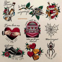 an assortment of tattoo designs on paper