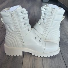 Brand New. Never Worn. Gbg Puffy White Hiking Boots. Ladies Size 8. Trendy Ankle-high Synthetic Moto Boots, Casual Synthetic Ankle-high Moto Boots, Casual Ankle-high Synthetic Moto Boots, Trendy Synthetic Ankle Moto Boots, Trendy Synthetic Moto Ankle Boots, Trendy High-top Synthetic Combat Boots, Spring Platform Combat Boots In Synthetic, Spring Platform Combat Boots In Synthetic Material, Spring High Ankle Synthetic Combat Boots