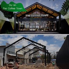 two pictures side by side showing the inside and outside of a coffee shop, with construction going on